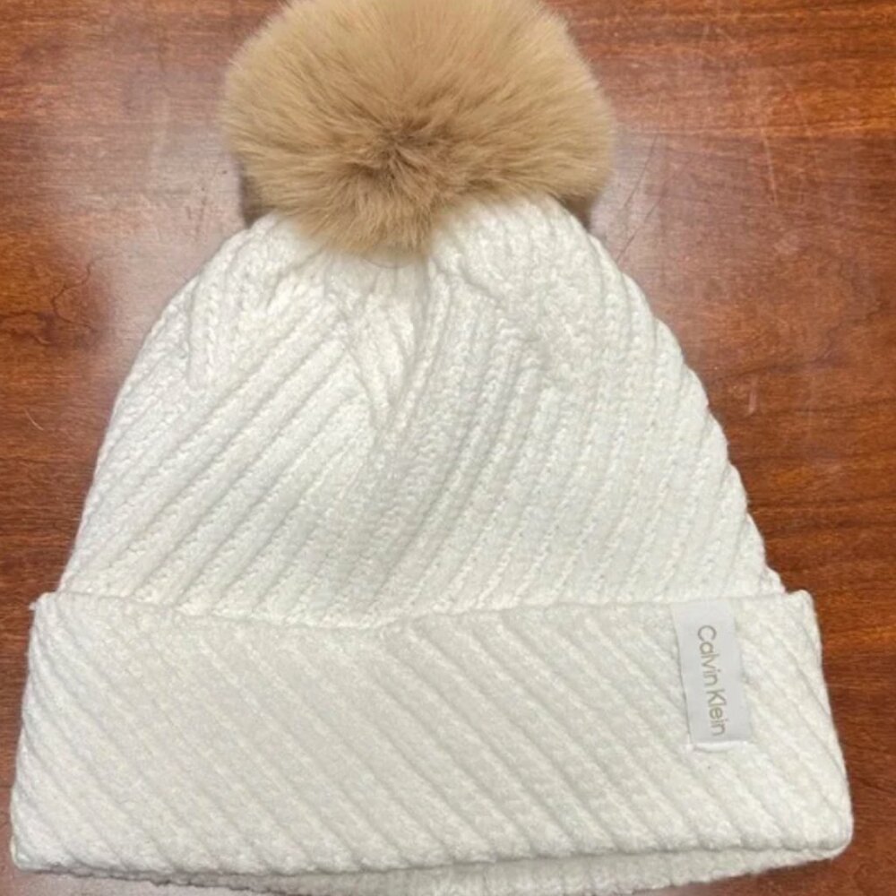 Calvin Klein Soft White Cuffed Beanie with Pom